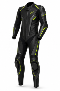 Combinaison de moto en cuir monopièce avec protections de genoux pour la course |   Noir avec des accents vert néon |   Fabricant OEM ODM |   Design haut de gamme | - Product Image 1