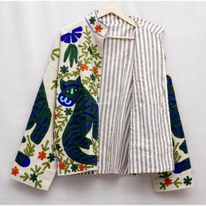 Chaqueta de Primavera para Mujer, Bordada a Mano, de Algodón, con Cuello Mandarín, Diseño Floral de Gato Verde, Estilo Boho, Ecológica, 100% Algodón - Product Image 3