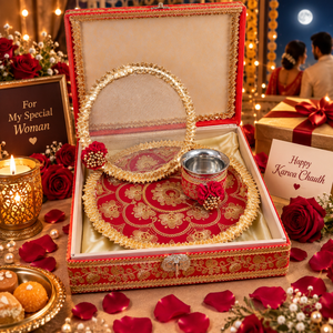 Ensemble de thali Karwa Chauth avec boîte, ensemble de 4 thali pour la prière, Channi décoratif, bol en acier et boîte cadeau pour femmes - Product Image 5