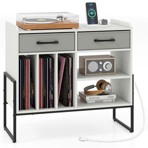 Mobiletto Porta Giradischi Regolabile con Stazione di Ricarica, Cassetti Pieghevoli e Vano Porta Vinili, Bianco, Utilizzabile anche come Mobile TV - Product Image 1