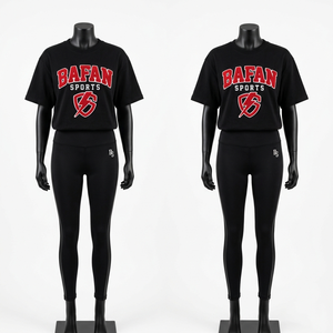 Conjuntos de Mujer en Tela Suave de Algodón y Poliéster, Elástica y Transpirable, Color Negro con Diseño Rojo, Logotipo Personalizado con Impresión Puff y Serigrafía - Product Image 2