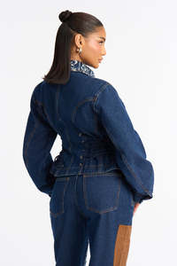 Women’s Corset <b>Denim</b> <b>Jacket</b> with Lace‑Up Waist and Printed Collar Trendy Streetwear Women's <b>Denim</b> <b>Crop</b> <b>Jacket</b> With Bandana - Product Image 2