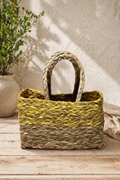 Panier en herbe tressé à la main avec garniture et poignée festives (jaune) – Panier de rangement en herbe écologique et élégant