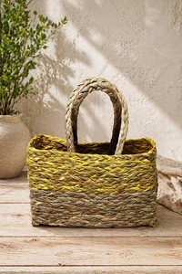 Handwoven Grass <b>Basket</b> <b>with</b> Festive Trimand <b>Handle</b> (yellow) Eco-Friendly Stylish Storage grass <b>Basket</b> - Product Image 2