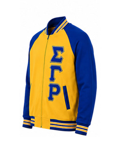 เสื้อแจ็คเก็ตวาร์ซิตี้ถักปักลาย Sigma Gamma Rho สำหรับผู้หญิง เสื้อผ้ากรีกพรีเมียม OEM คอตั้ง โลโก้ด้านหน้า - Product Image 4