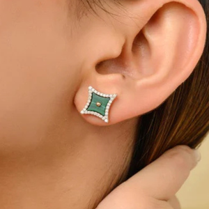 18K White Gold Ruby and Sapphire Stud Earrings with Sparkle Geometric Design - Product Image 1