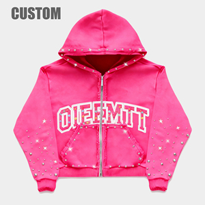 Sudadera con capucha extragrande y corta para mujer, personalizada, 450GSM, lavado ácido, 100% algodón polar, con cremallera y pedrería, estilo urbano de invierno, de alto gramaje - Product Image 1