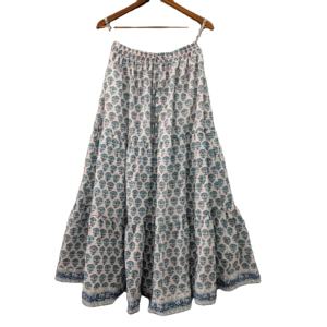กระโปรงแม็กซี่ผ้าฝ้ายพิมพ์ลายบล็อกด้วยมือแบบเป็นมิตรต่อสิ่งแวดล้อมสำหรับผู้หญิง แต่งพู่ปรับได้ สไตล์ลำลองโบฮีเมียน ความยาวระดับข้อเท้า แต่งเลื่อมตัดสี - Product Image 1
