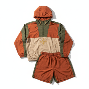 Custom Camo Half Zip <b>Polyester</b> Jacket <b>Jogger</b> Short Set 2pc Sport Patchwork Nylon Tracksuit Windbreaker Track Suit Sets for Men - Product Image 1