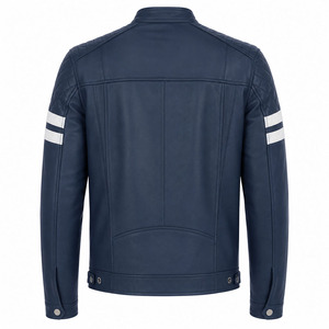 Custom Logo Men's Real Leather <b>Biker</b> <b>Jacket</b> Navy Blue Contrast <b>White</b> Arm Stripes Zip Up Motorcycle Coat Private Label Wholesale - Product Image 2