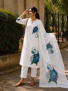 Cotton Floral Printed Kurta With Dupatta <b>Indian</b> Designer Wedding Party Wear Lilan Cotton Printed <b>Top</b> & Pant With Print Dupatta - Product Image 2