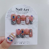 Kuku Palsu Buatan Tangan Custom Grosir Motif Zebra French Tip Berwarna-warni Hiasan Permata Rhinestone Rantai Logam Dapat Digunakan Kembali Full Cover Nail Art