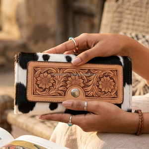 Women's Black Tooled Leather Clutch Carved Leather Hair On Hide <b>Wallet</b>/Clutch Personalizes Western Cowgirl Purse Gift For Her - Product Image 3