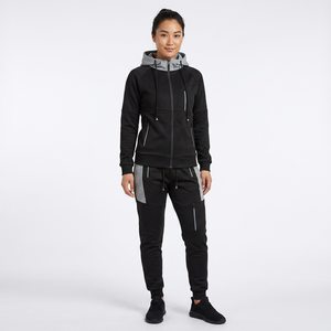 Ensemble de survêtement noir à capuche pour homme, couleur unie, manches longues, fermeture éclair, tenue décontractée de jogging avec poches latérales, idéal pour l'automne - Product Image 3