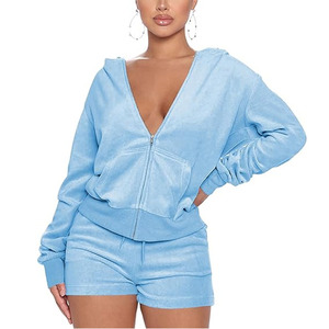 Ensemble de survêtement 2 pièces pour femme en velours, avec short et veste à capuche zippée à manches courtes, 100 % coton, style décontracté - Product Image 1