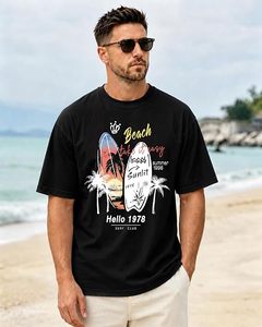 T-shirt à manches courtes pour homme, col rond, noir, 100% coton jersey, coupe classique, décontracté, imprimé, design plage et surf, logo sur le devant - Product Image 1