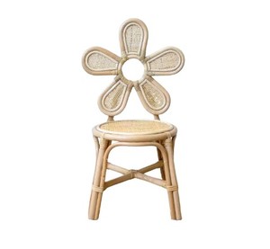 Tabouret de bar en rotin naturel avec dossier floral, assise ronde tressée, dossier décoratif floral et structure robuste à pieds croisés pour chambre d'enfant - Product Image 1