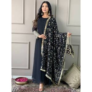 DISEÑADOR GEORGETTE BORDADO TRABAJO VESTIDO FONDO DUPATTA NEGRO - Product Image 1