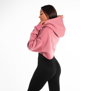 Sudadera con Capucha Corta Rosa de Último Diseño para Mujer, Talla Grande, Hombros Caídos, Forro Polar, Informal, Otoño, Color Sólido, Manga Larga - Product Image 5