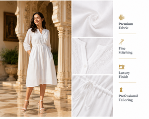 Elegant White Midi <b>Dress</b> for Women | Premium Cotton <b>All</b> Seasons Wear with Modern Professional Tailoring Vintage Design - Product Image 2
