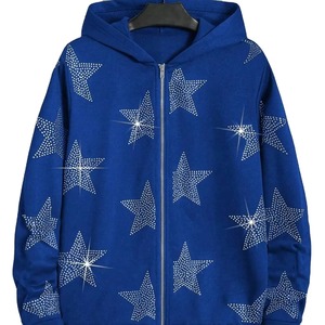 Sweat-shirt à capuche unisexe bleu avec imprimé étoile en strass, vêtement décontracté d'automne, coupe classique, tricoté en polyester - Product Image 1