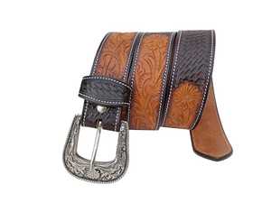 Premium Western Cowboy <b>Leather</b> <b>Belt</b> – Hand <b>Tooled</b> Floral & Basketweave Carved <b>Leather</b> with Vintage Buckle - Product Image 3