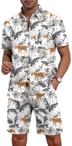 Conjunto de dos piezas para hombre con estampado de hojas tropicales, camisa de manga corta y pantalones cortos de playa a juego, conjunto informal y colorido para vacaciones de verano. - Product Image 4