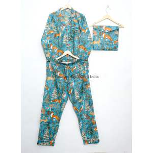 ชุดนอนลายสัตว์พิมพ์ลายบล็อกด้วยมือ ผ้าฝ้าย 100% สำหรับฤดูร้อน เนื้อผ้านุ่ม เบาสบาย เหมาะสำหรับผู้หญิง - Product Image 5