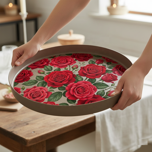 Bandeja Redonda de Metal para Servir, Bandeja Decorativa Floral de 45 cm, Plato Grande con Rosas Rojas, Logotipo Personalizado, Regalo, Bandeja de Cocina Duradera, Decoración del Hogar - Product Image 2
