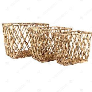 Water Hyacinth Vintage Style Open Lattice Storage <b>Basket</b> Set with Handles <b>Stackable</b> Eco-Friendly Multi-Purpose Rectangle Design - Product Image 2
