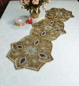 Glam Handmade Fabric Table <b>Runner</b> Irregular Shape Beaded Lotus Design Gold Tone Decorative Mat - Product Image 2