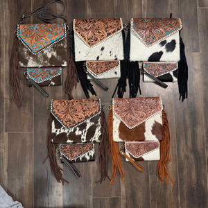 2025 femmes grande capacité à la mode usiné à la main en cuir de vachette frange bandoulière sac à main et porte-carte pochette 2 pièces Combo ensemble - Product Image 4