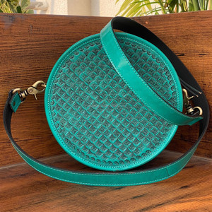 Célèbre marque populaire Turquoise usiné à la main en cuir rond bandoulière sac à main pour femmes en cuir véritable luxe Designer cantine sac - Product Image 3
