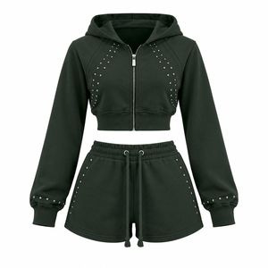 Custom <b>Rhinestone</b> Hooded Co Ord In 350 GSM Cotton Fleece With Cropped Zip <b>Top</b> for Women's Streetwear Brands - Product Image 5