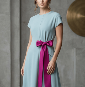 Elegant Satin Midi <b>Dress</b> With Asymmetric Hem And Purple Ribbon Bow Cap Sleeve O-Neck A-Line Party <b>Dress</b> Support Custom Design - Product Image 3