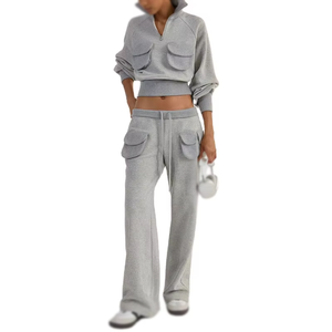Ensemble de survêtement gris en coton pour femme – Pantalon de jogging long et sweat à capuche demi-zippé – Coupe décontractée et ample – Couleur unie respirante pour l'automne - Product Image 2