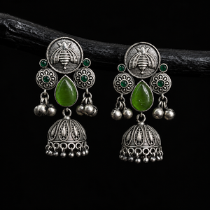 Oxidized Silver Green Bell Bezel Setting Monalisa <b>Stud</b> Pear Stone Indian Jhumka <b>Earrings</b> Wedding Direct Factory Manufacturer - Product Image 4