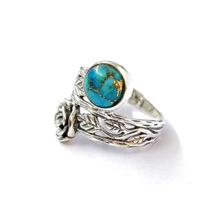 Blue Copper <b>Turquoise</b> <b>Ring</b> 925 Sterling Silver Rose Flower Leaf Wrap Band Handmade Boho Statement Jewelry - Product Image 2