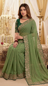 <b>Green</b> Embroidered <b>Silk</b> Saree <b>Blouse</b> for Women Wedding Traditional Indian Pakistani Style Floor Length Regular Fit Sun Protection - Product Image 5