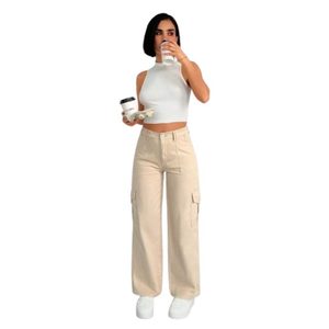 Jean cargo vintage rétro beige multipoches pour femme, 100 % coton, écologique, respirant, pantalon tendance, taille 26-40 - Product Image 1