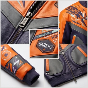 Blouson Bomber en Cuir Kinétique Orange et Violet pour Homme avec Patch Emblème Aigle, Col Rembourré, Style Cyberpunk Racing Streetwear - Product Image 6