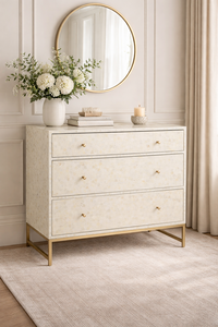 Buffet de salle à manger en bois massif fait main avec incrustations en os, armoire à tiroirs laquée blanche, console de rangement, meuble moderne pour salon - Product Image 2