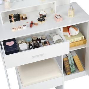 FCH Grand ensemble coiffeuse avec 10 ampoules LED, tabouret rembourré, 3 étagères de rangement, 1 tiroir, 1 armoire - Product Image 5