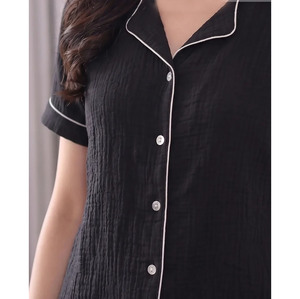 Ensemble de pyjama en coton noir pour femmes, manches courtes, boutonné, vêtements de nuit doux et respirants, vêtements de nuit d'été, deux pièces - Product Image 4