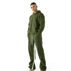 Men's Olive Green <b>Hooded</b> Tracksuit Full <b>Zip</b> Sweatshirt and Jogger Pants Set Solid Color Casual Wear Autumn Outfit - Product Image 1