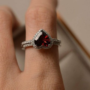 Classic Red <b>Garnet</b> Heart & Round Cut Moissanite Gemstone Proposal <b>Ring</b> Set Original 925 <b>Silver</b> Fine Surprise Birthdays Party - Product Image 4