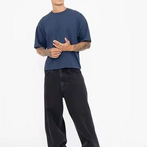 <b>Men's</b> <b>Navy</b> <b>Blue</b> Oversized Short Sleeve O-Neck <b>T</b>-<b>Shirt</b> Casual Knitted 100% Cotton Solid Color Plain Dyed Fit - Product Image 1