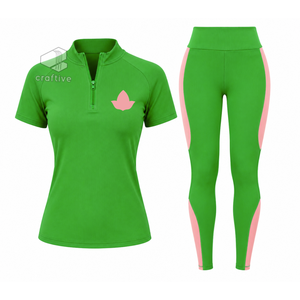 Alpha | Kapa |Alpha <b>Women's</b> Workout Set Quarter Zip Top <b>Short</b> Sleeve High Waist <b>Leggings</b> With Pink Stripe Sports Activewear Set - Product Image 1