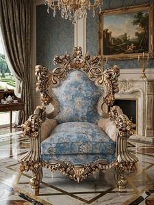 Fauteuil royal antique de luxe en bois sculpté avec revêtement en tissu pour salon au meilleur prix - Product Image 1