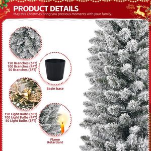 Set of 3 Pre-Lit Artificial Christmas Trees with 50/100/150 Warm Lights Battery Operated 3/4/5 FT Snow Flocked Pot Stands - Product Image 3
